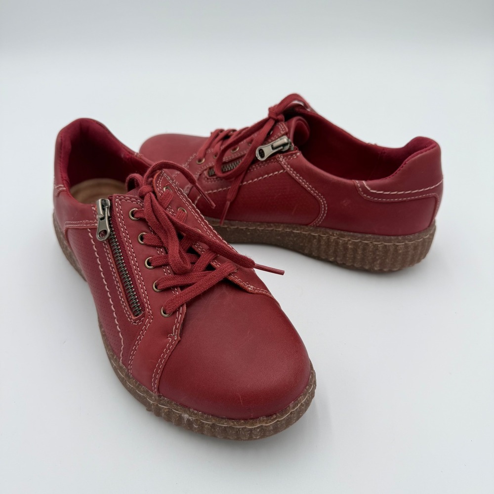 Clarks Caroline Janna Sneakers Red Leather Zip Lace Up Tennis‎ Shoes 8.5 Wide